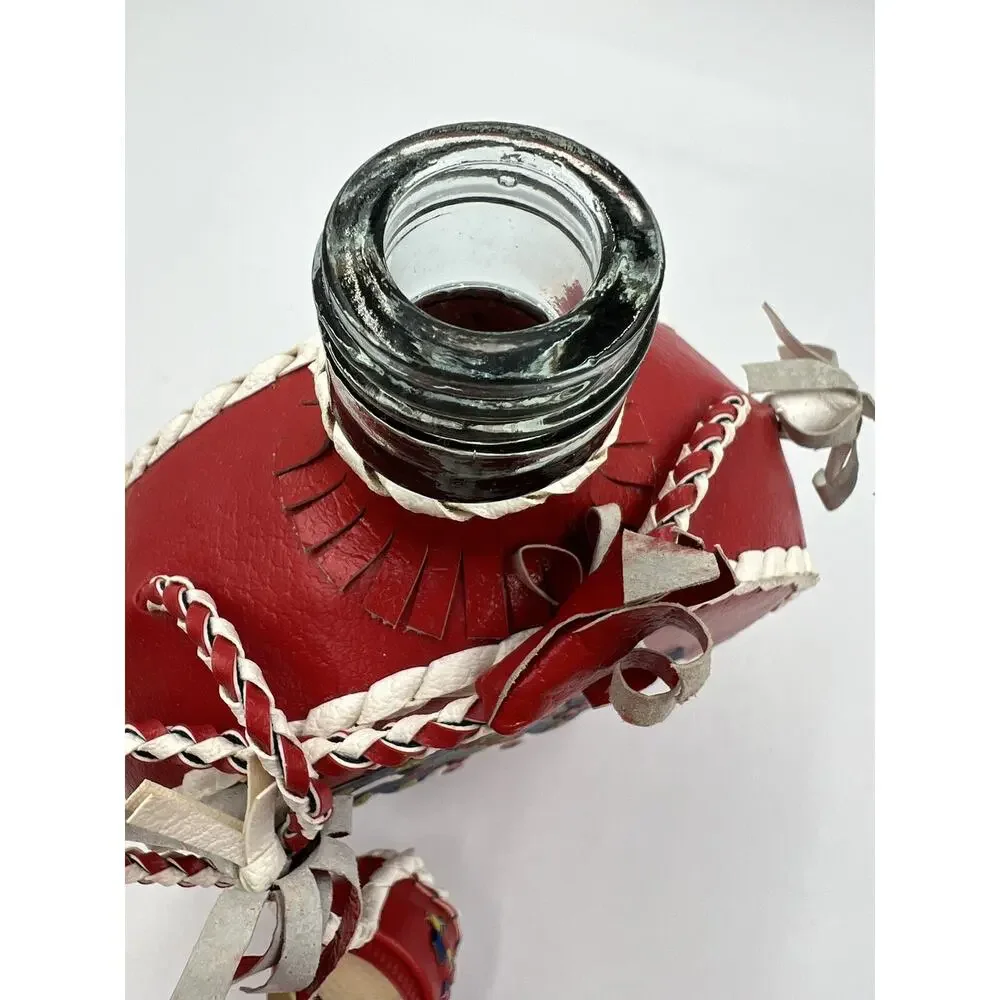 Vintage Leather‎ Braid Wrapped Covered Bottle/Decanter Hearts Red Folk Art